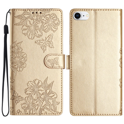 Cherry Blossom Butterfly Skin Feel Embossed PU Phone Case, For iPhone 14 Pro, For iPhone 14 Pro Max, For iPhone SE 2022 / SE 2020