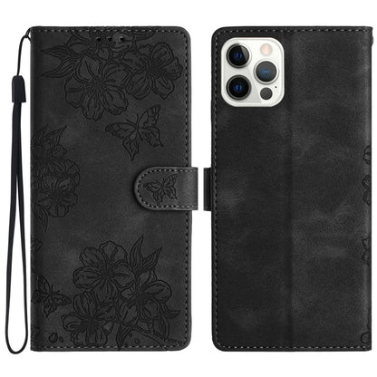 Cherry Blossom Butterfly Skin Feel Embossed PU Phone Case, For iPhone 13 Pro Max, For iPhone 13 Pro, For iPhone 13