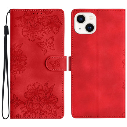 Cherry Blossom Butterfly Skin Feel Embossed PU Phone Case, For iPhone 13 Pro Max, For iPhone 13 Pro, For iPhone 13