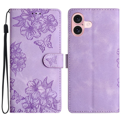 Cherry Blossom Butterfly Skin Feel Embossed PU Phone Case, For iPhone 16 Pro, For iPhone 16 Plus, For iPhone 16