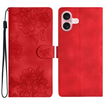 Cherry Blossom Butterfly Skin Feel Embossed PU Phone Case, For iPhone 17, For iPhone Air, For iPhone 16 Pro Max