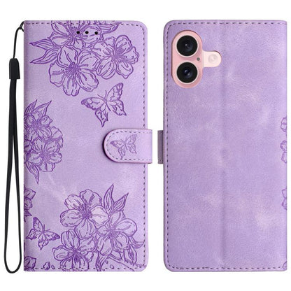 Cherry Blossom Butterfly Skin Feel Embossed PU Phone Case, For iPhone 17, For iPhone Air, For iPhone 16 Pro Max
