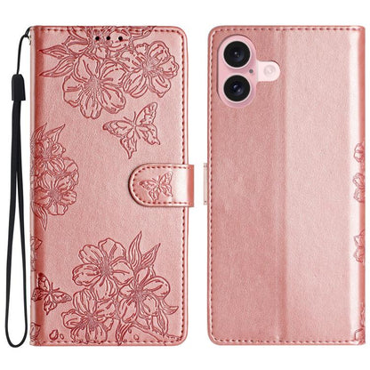 Cherry Blossom Butterfly Skin Feel Embossed PU Phone Case, For iPhone 17, For iPhone Air, For iPhone 16 Pro Max