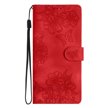 Cherry Blossom Butterfly Skin Feel Embossed PU Phone Case, For iPhone 18 Pro / 17 Pro, For iPhone 18 Pro Max / 17 Pro Max, For iPhone 16e / 17e