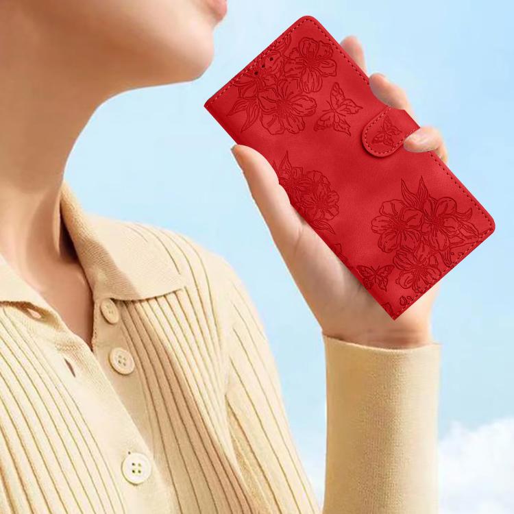 Cherry Blossom Butterfly Skin Feel Embossed PU Phone Case, For iPhone 18 Pro / 17 Pro, For iPhone 18 Pro Max / 17 Pro Max, For iPhone 16e / 17e