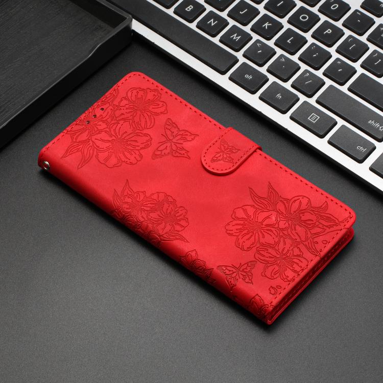 Cherry Blossom Butterfly Skin Feel Embossed PU Phone Case, For iPhone 18 Pro / 17 Pro, For iPhone 18 Pro Max / 17 Pro Max, For iPhone 16e / 17e