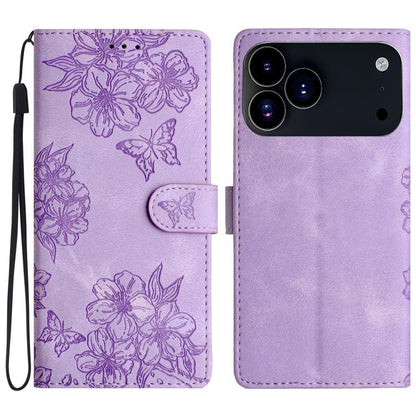 Cherry Blossom Butterfly Skin Feel Embossed PU Phone Case, For iPhone 18 Pro / 17 Pro, For iPhone 18 Pro Max / 17 Pro Max, For iPhone 16e / 17e
