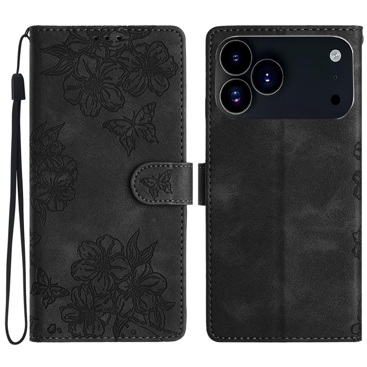 Cherry Blossom Butterfly Skin Feel Embossed PU Phone Case, For iPhone 18 Pro / 17 Pro, For iPhone 18 Pro Max / 17 Pro Max, For iPhone 16e / 17e