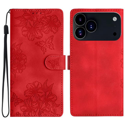 Cherry Blossom Butterfly Skin Feel Embossed PU Phone Case, For iPhone 18 Pro / 17 Pro, For iPhone 18 Pro Max / 17 Pro Max, For iPhone 16e / 17e