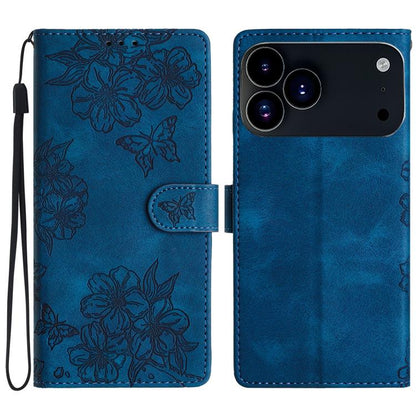 Cherry Blossom Butterfly Skin Feel Embossed PU Phone Case, For iPhone 18 Pro / 17 Pro, For iPhone 18 Pro Max / 17 Pro Max, For iPhone 16e / 17e