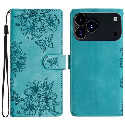 Cherry Blossom Butterfly Skin Feel Embossed PU Phone Case, For iPhone 18 Pro / 17 Pro, For iPhone 18 Pro Max / 17 Pro Max, For iPhone 16e / 17e
