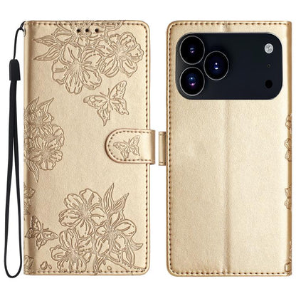 Cherry Blossom Butterfly Skin Feel Embossed PU Phone Case, For iPhone 18 Pro / 17 Pro, For iPhone 18 Pro Max / 17 Pro Max, For iPhone 16e / 17e