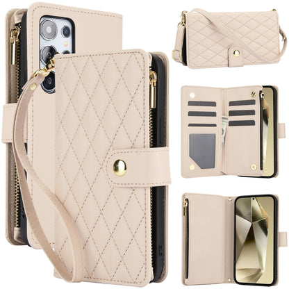 YM016 Rhombic Zipper Card Wallet Leather Phone Case with Lanyard