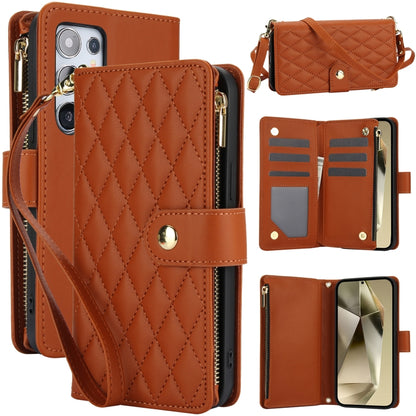 YM016 Rhombic Zipper Card Wallet Leather Phone Case with Lanyard