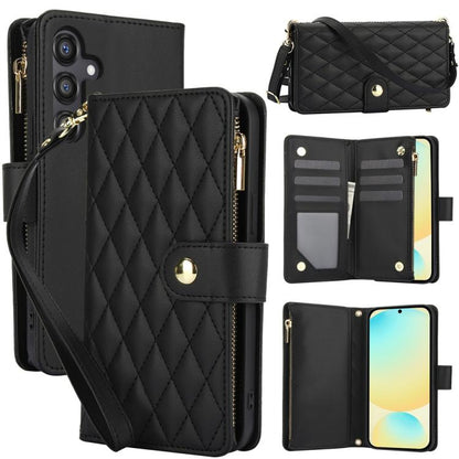 YM016 Rhombic Zipper Card Wallet Leather Phone Case with Lanyard, For Samsung Galaxy S25 Ultra 5G, For Samsung Galaxy S24 FE 5G, For Samsung Galaxy S24 Ultra 5G