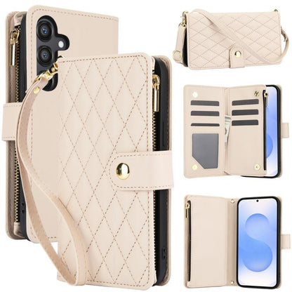 YM016 Rhombic Zipper Card Wallet Leather Phone Case with Lanyard
