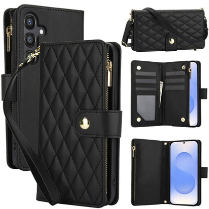 YM016 Rhombic Zipper Card Wallet Leather Phone Case with Lanyard