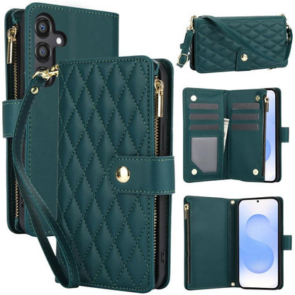 YM016 Rhombic Zipper Card Wallet Leather Phone Case with Lanyard