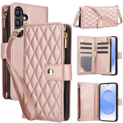 YM016 Rhombic Zipper Card Wallet Leather Phone Case with Lanyard