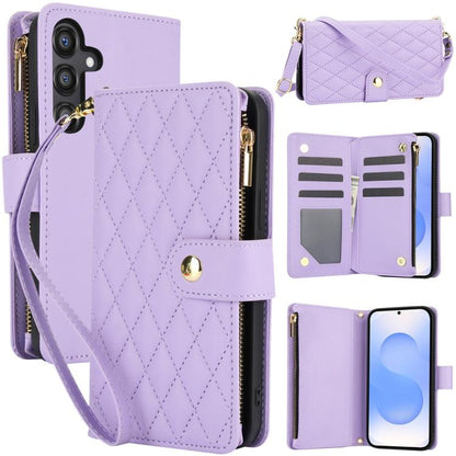 YM016 Rhombic Zipper Card Wallet Leather Phone Case with Lanyard