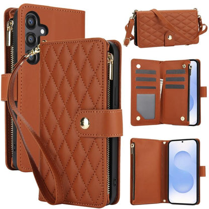 YM016 Rhombic Zipper Card Wallet Leather Phone Case with Lanyard