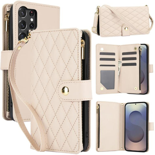 YM016 Rhombic Zipper Card Wallet Leather Phone Case with Lanyard, For Samsung Galaxy S25 Ultra 5G, For Samsung Galaxy S24 FE 5G, For Samsung Galaxy S24 Ultra 5G