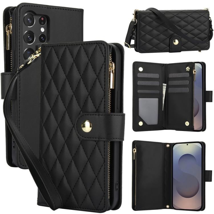 YM016 Rhombic Zipper Card Wallet Leather Phone Case with Lanyard, For Samsung Galaxy S25 Ultra 5G, For Samsung Galaxy S24 FE 5G, For Samsung Galaxy S24 Ultra 5G