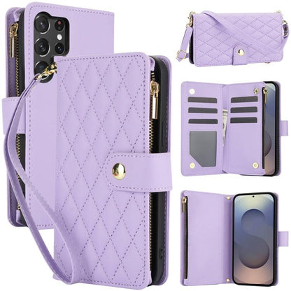 YM016 Rhombic Zipper Card Wallet Leather Phone Case with Lanyard, For Samsung Galaxy S25 Ultra 5G, For Samsung Galaxy S24 FE 5G, For Samsung Galaxy S24 Ultra 5G
