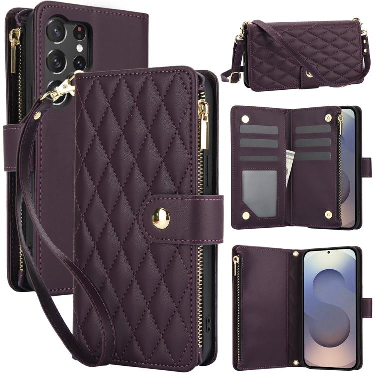 YM016 Rhombic Zipper Card Wallet Leather Phone Case with Lanyard, For Samsung Galaxy S25 Ultra 5G, For Samsung Galaxy S24 FE 5G, For Samsung Galaxy S24 Ultra 5G