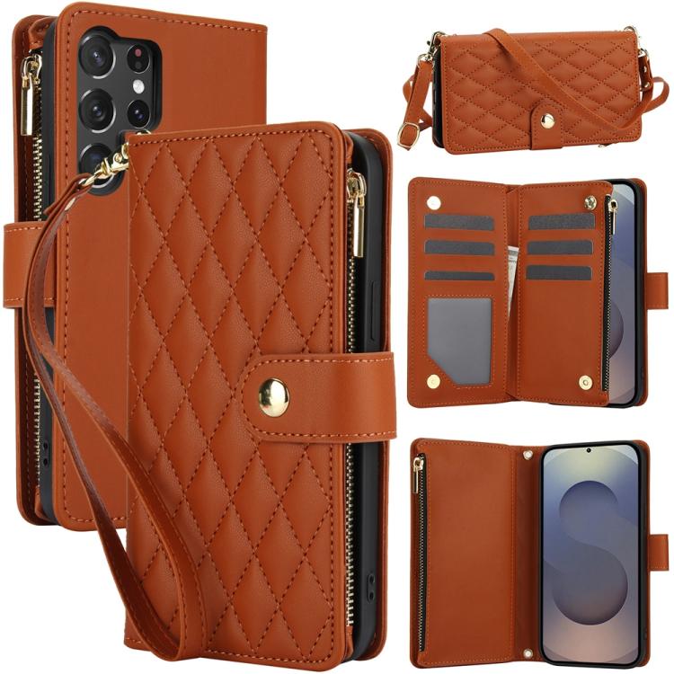 YM016 Rhombic Zipper Card Wallet Leather Phone Case with Lanyard, For Samsung Galaxy S25 Ultra 5G, For Samsung Galaxy S24 FE 5G, For Samsung Galaxy S24 Ultra 5G