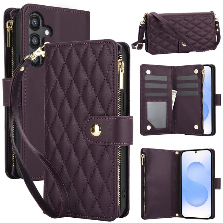 YM016 Rhombic Zipper Card Wallet Leather Phone Case with Lanyard