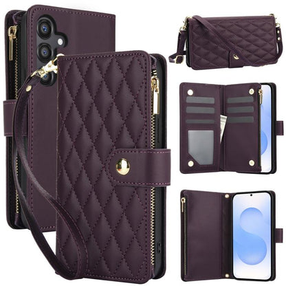 YM016 Rhombic Zipper Card Wallet Leather Phone Case with Lanyard