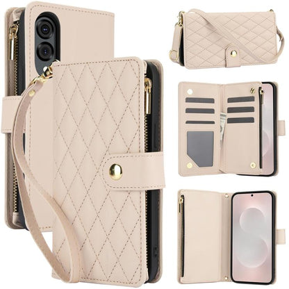 YM016 Rhombic Zipper Card Wallet Leather Phone Case with Lanyard