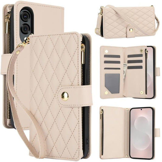 YM016 Rhombic Zipper Card Wallet Leather Phone Case with Lanyard