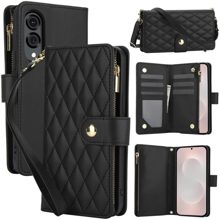 YM016 Rhombic Zipper Card Wallet Leather Phone Case with Lanyard