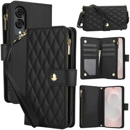 YM016 Rhombic Zipper Card Wallet Leather Phone Case with Lanyard