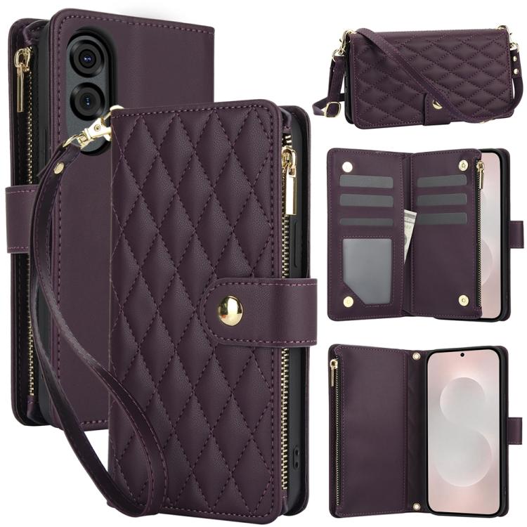 YM016 Rhombic Zipper Card Wallet Leather Phone Case with Lanyard