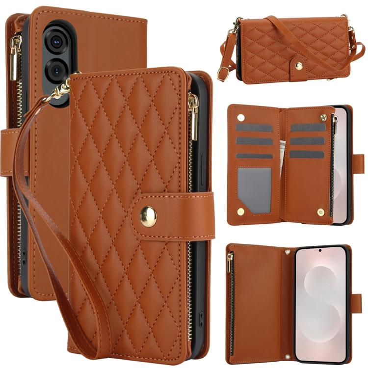 YM016 Rhombic Zipper Card Wallet Leather Phone Case with Lanyard