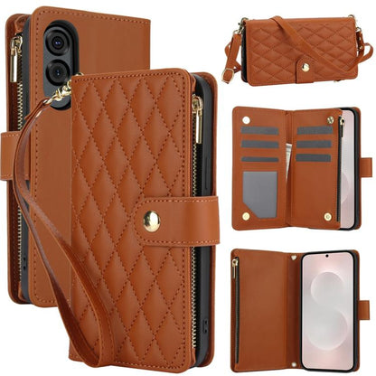 YM016 Rhombic Zipper Card Wallet Leather Phone Case with Lanyard