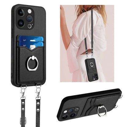 R20 Crossbody Rope Ring Card Holder Phone Case, For iPhone 15 Pro Max, For iPhone 15 Pro, For iPhone 15 Plus, For iPhone 15