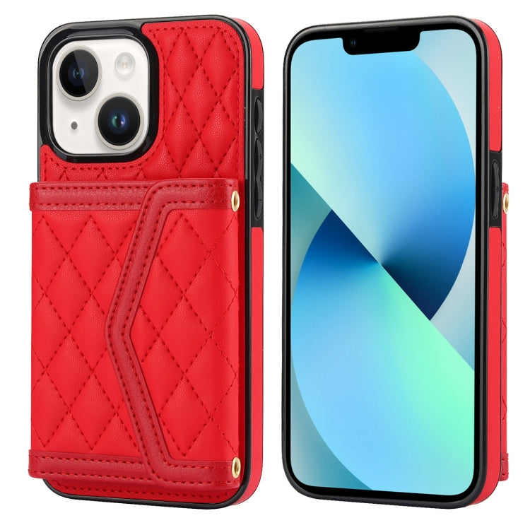 Splicing Rhombic Texture Card Bag Phone Case with Long Lanyard, For iPhone 15, For iPhone 13 / 14, For iPhone 14 Pro, For iPhone 14 Pro Max
