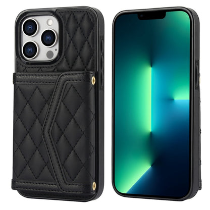 Splicing Rhombic Texture Card Bag Phone Case with Long Lanyard, For iPhone 13 Pro Max, For iPhone 13 Pro, For iPhone 13 mini, For iPhone 12 / 12 Pro
