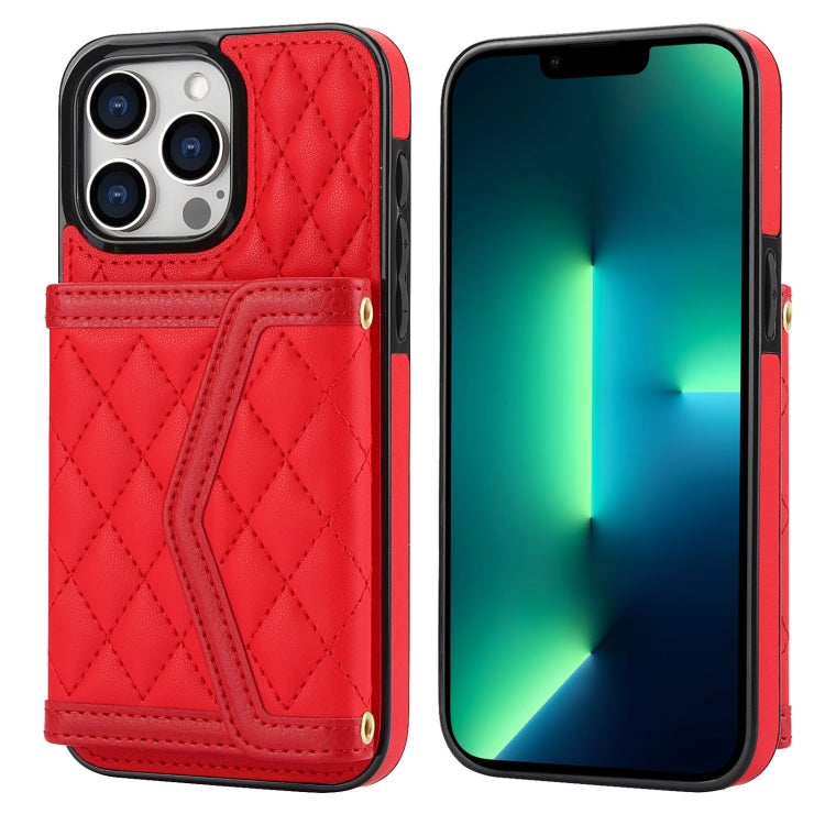 Splicing Rhombic Texture Card Bag Phone Case with Long Lanyard, For iPhone 13 Pro Max, For iPhone 13 Pro, For iPhone 13 mini, For iPhone 12 / 12 Pro