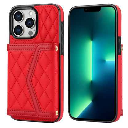 Splicing Rhombic Texture Card Bag Phone Case with Long Lanyard, For iPhone 13 Pro Max, For iPhone 13 Pro, For iPhone 13 mini, For iPhone 12 / 12 Pro