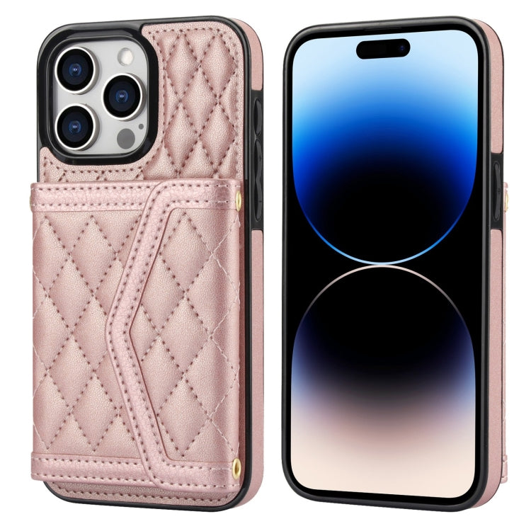 Splicing Rhombic Texture Card Bag Phone Case with Long Lanyard, For iPhone 15, For iPhone 13 / 14, For iPhone 14 Pro, For iPhone 14 Pro Max