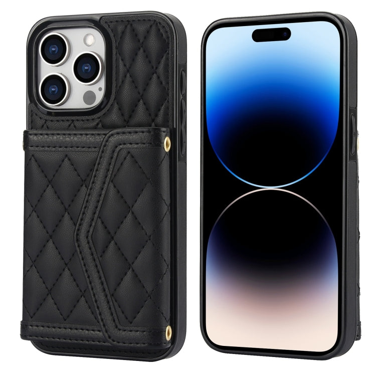 Splicing Rhombic Texture Card Bag Phone Case with Long Lanyard, For iPhone 15, For iPhone 13 / 14, For iPhone 14 Pro, For iPhone 14 Pro Max