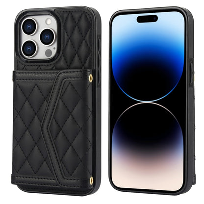 Splicing Rhombic Texture Card Bag Phone Case with Long Lanyard, For iPhone 15, For iPhone 13 / 14, For iPhone 14 Pro, For iPhone 14 Pro Max