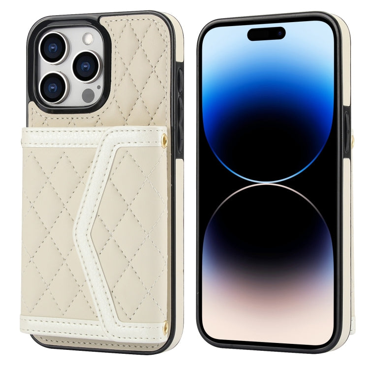 Splicing Rhombic Texture Card Bag Phone Case with Long Lanyard, For iPhone 15, For iPhone 13 / 14, For iPhone 14 Pro, For iPhone 14 Pro Max