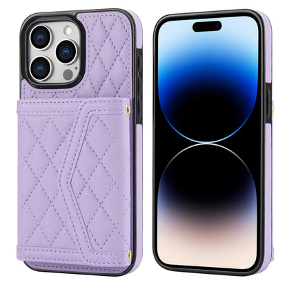 Splicing Rhombic Texture Card Bag Phone Case with Long Lanyard, For iPhone 15, For iPhone 13 / 14, For iPhone 14 Pro, For iPhone 14 Pro Max