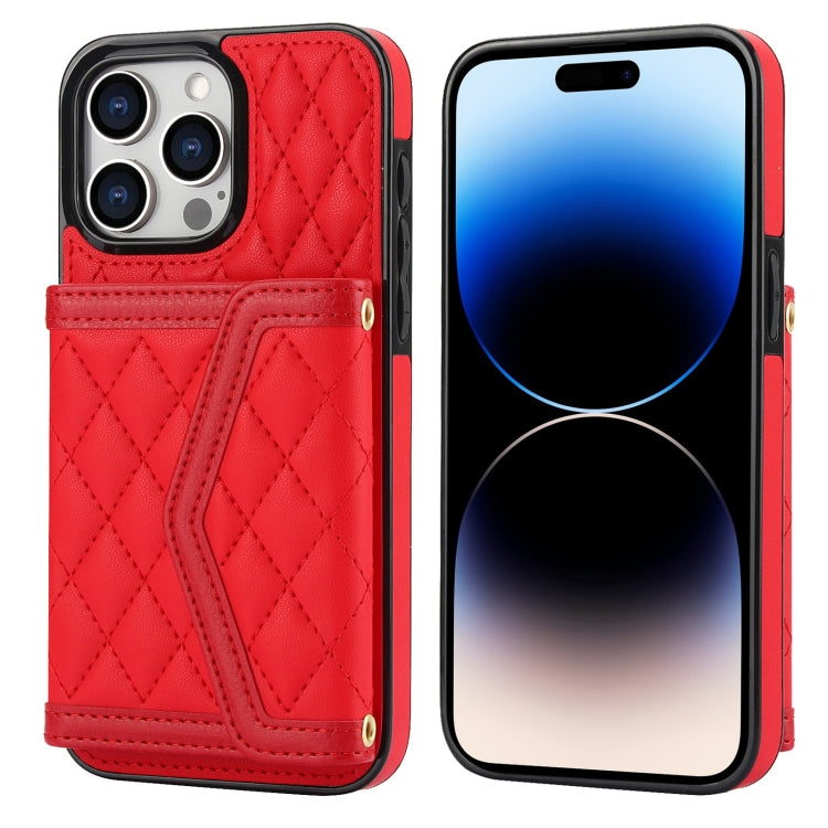 Splicing Rhombic Texture Card Bag Phone Case with Long Lanyard, For iPhone 15, For iPhone 13 / 14, For iPhone 14 Pro, For iPhone 14 Pro Max